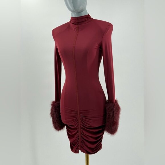 🆕 BRONX & BANCO 🧿 NWOT Eleanor Burgundy Fur Trimmed Mini Dress, Sz XS US 2 - Picture 13 of 17
